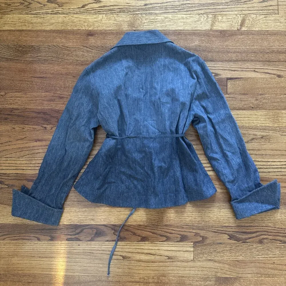 ANNE FONTAINE Denim Notch-Lapel Jacket w wrap-around Tie French Cuff Blue size 4 - Picture 9 of 10